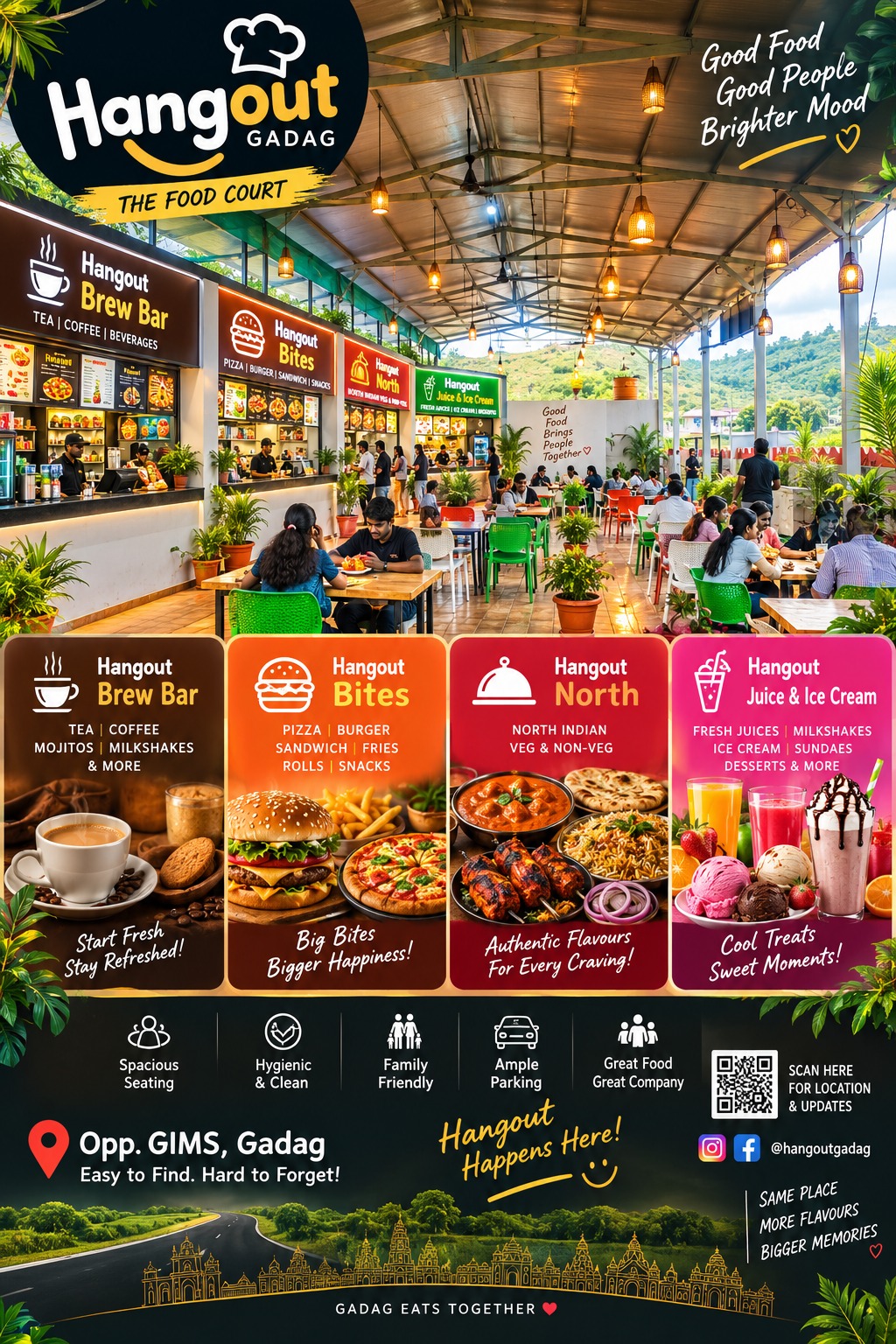 Hangout Gadag food court guide featuring Brew Bar, Bites, North Indian food, juices and ice cream